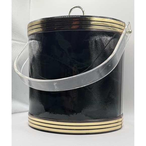 Vintage MCM Barware Green Marble Look Ice Bucket w Lid Lucite Handle Gold ~8" - Picture 3 of 11
